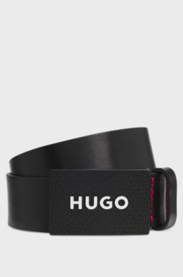 Matte leather belt with branded plaque buckle, Black