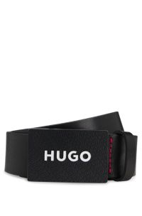 Matte leather belt with branded plaque buckle, Black