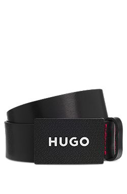 Matte leather belt with branded plaque buckle