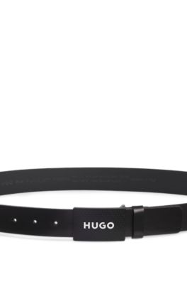 Matte leather belt with branded plaque buckle, Black
