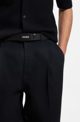 Matte leather belt with branded plaque buckle, Black