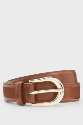 Italian-leather belt with golden buckle, Brown