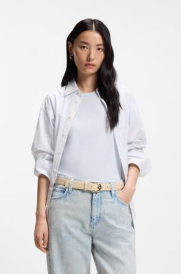 Italian-leather belt with golden buckle, Light Beige