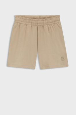 Shorts relaxed fit in terry di cotone con logo ricamato, Beige chiaro