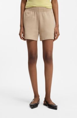 Shorts relaxed fit in terry di cotone con logo ricamato, Beige chiaro