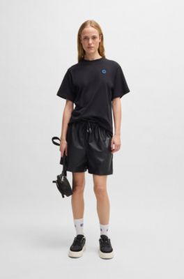 フェイクレザー ショートパンツ エラスティックウエストバンド, ブラック