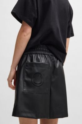 フェイクレザー ショートパンツ エラスティックウエストバンド, ブラック