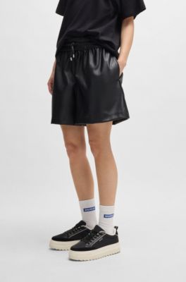 フェイクレザー ショートパンツ エラスティックウエストバンド, ブラック