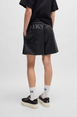 フェイクレザー ショートパンツ エラスティックウエストバンド, ブラック