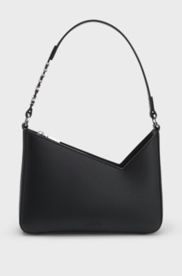 Faux-leather shoulder bag with logo strap, Black
