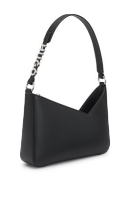Borsa a spalla in similpelle con tracolla con logo, Nero