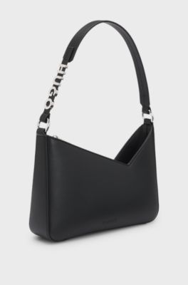 Faux-leather shoulder bag with logo strap, Black