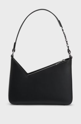 Faux-leather shoulder bag with logo strap, Black
