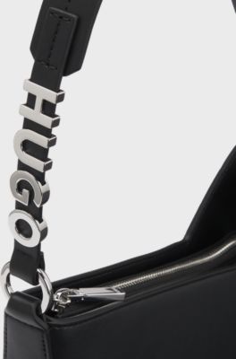 Faux-leather shoulder bag with logo strap, Black