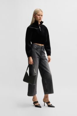 Faux-leather shoulder bag with logo strap, Black