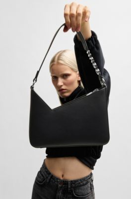 Borsa a spalla in similpelle con tracolla con logo, Nero