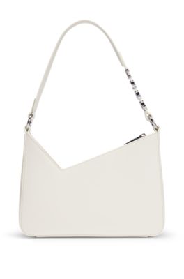 Faux-leather shoulder bag with logo strap, Natural