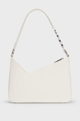 Faux-leather shoulder bag with logo strap, Natural