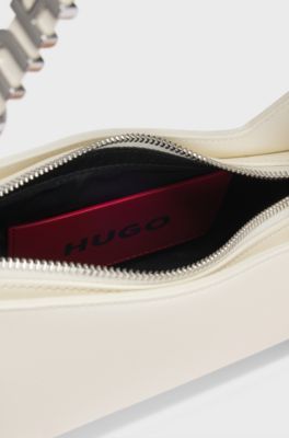 Faux-leather shoulder bag with logo strap, Natural