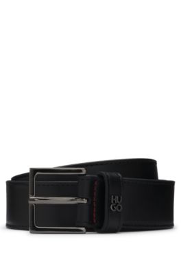 HUGO - Leather belt with stacked-logo keeper and gunmetal