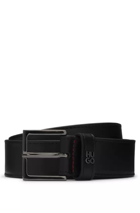 Leather belt with stacked-logo trim