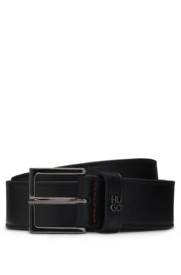 Leather belt with stacked-logo trim