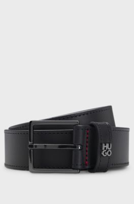 Leather belt with stacked-logo keeper trim, Dark Blue