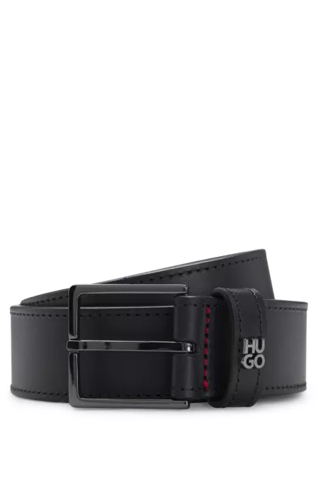 Leather belt with stacked-logo keeper and gunmetal hardware