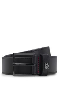 Leather belt with stacked-logo keeper and gunmetal hardware, Dark Blue