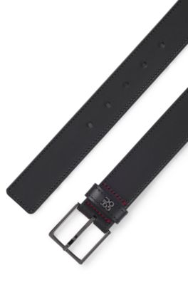 Leather belt with stacked-logo keeper trim, Dark Blue