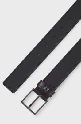 Leather belt with stacked-logo keeper trim, Dark Blue