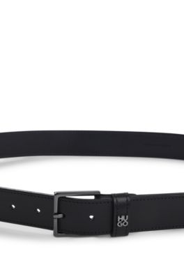 Leather belt with stacked-logo keeper trim, Dark Blue