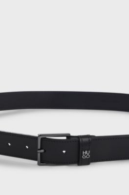 Leather belt with stacked-logo keeper trim, Dark Blue