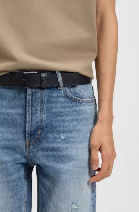 Leather belt with stacked-logo keeper trim