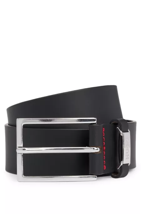 Buffalo-leather belt with logo keeper and polished hardware