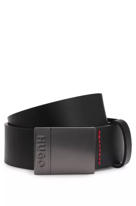 Italian-leather belt with logo-engraved plaque buckle
