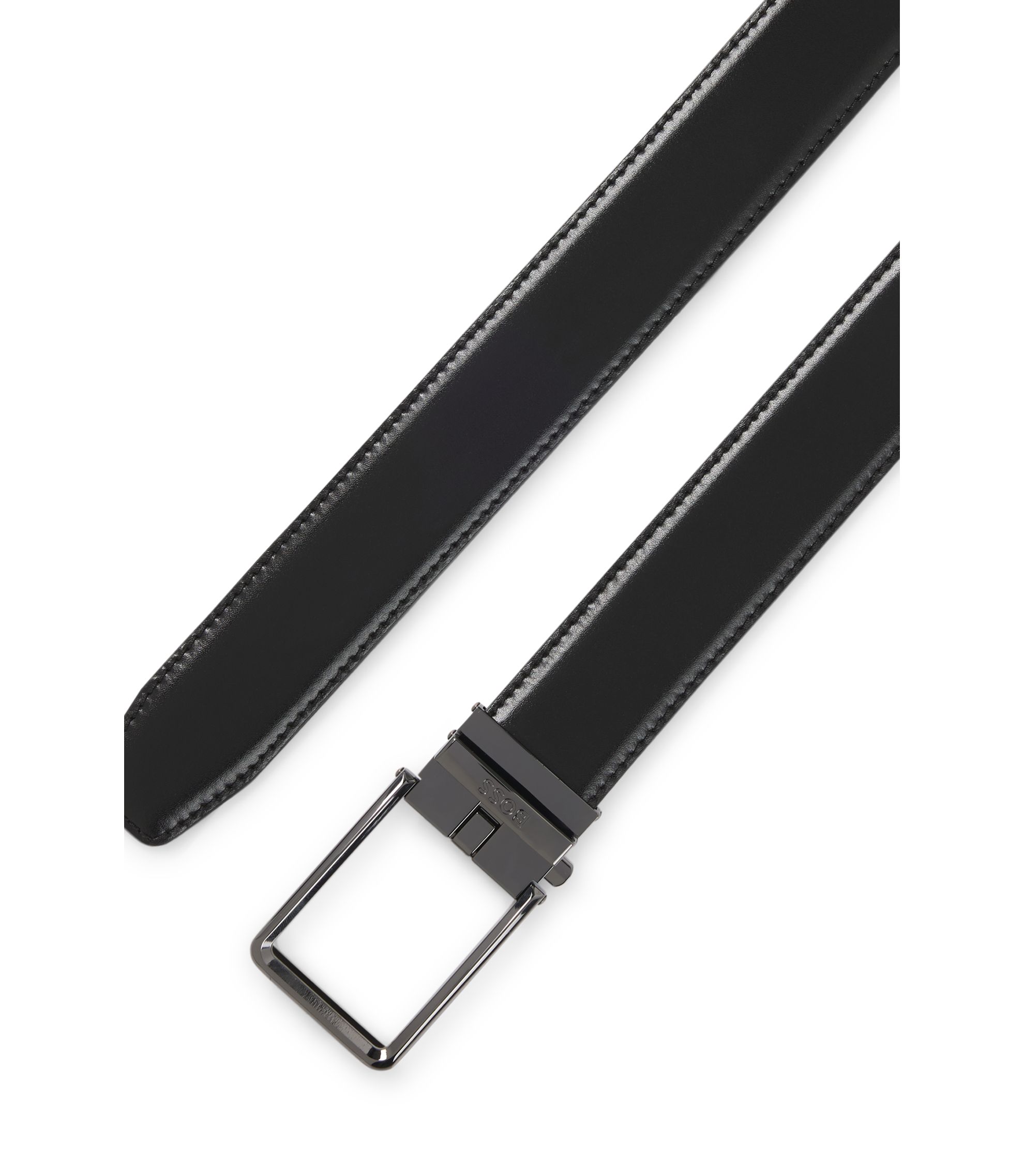 HUGO BOSS ブラックレザーベルト BOSS - イタリアンレザーベルト ロゴループ - ブラック