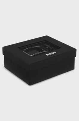 Italian-leather automatic belt with logo-engraved keeper, Black
