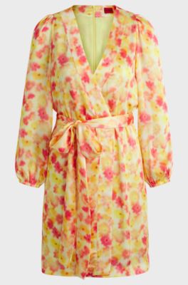 Wrap dress with hazy floral print, Patterned