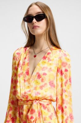 Wrap dress with hazy floral print, Patterned