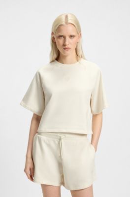 T-shirt en molleton de coton avec logo Happy HUGO, Naturel