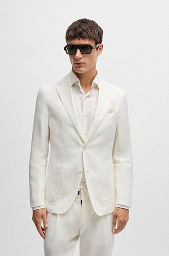 Single-breasted jacket in herringbone linen and silk, White