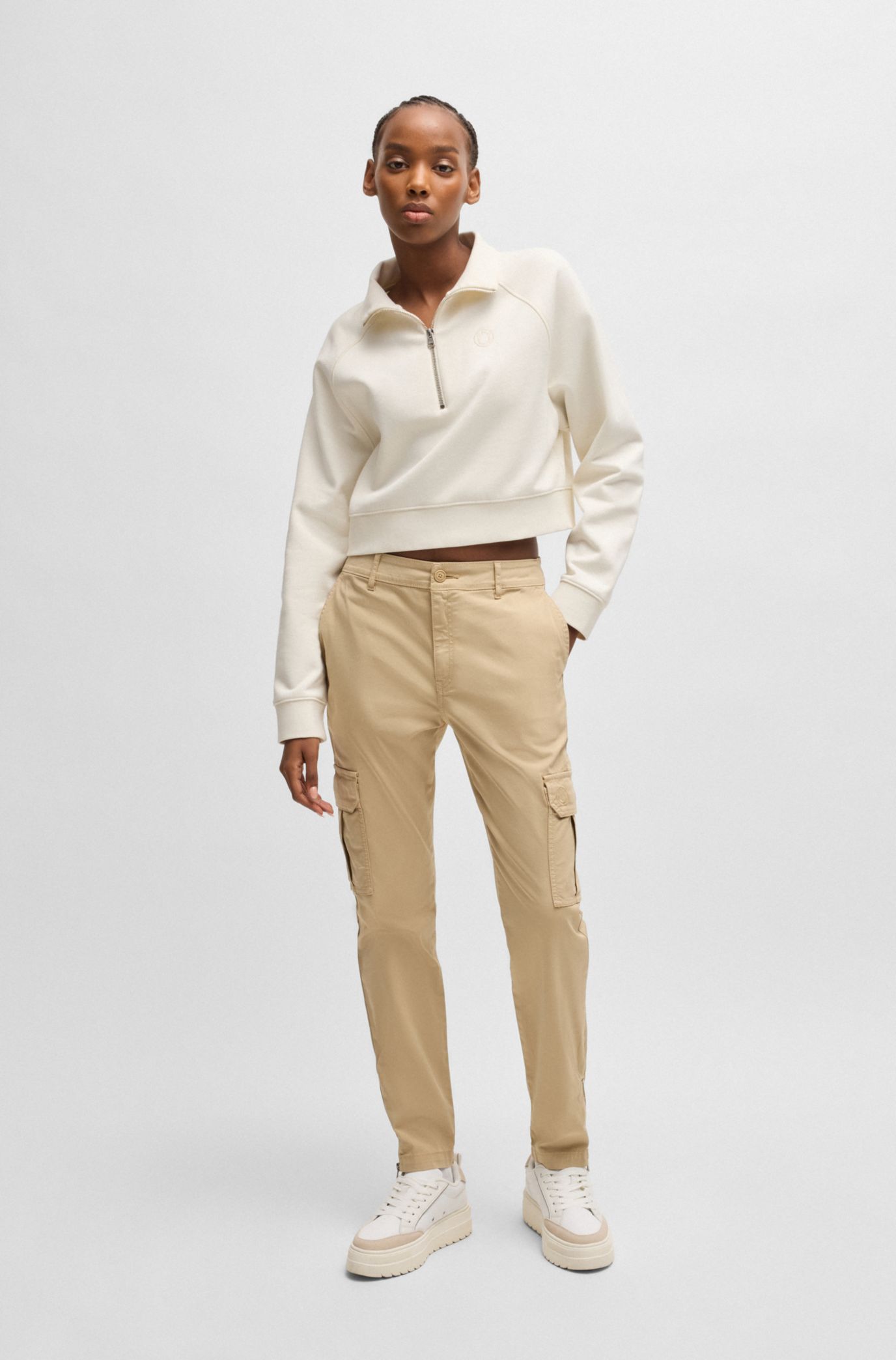 Korter sweatshirt van katoenen badstof met logostiksel, Naturel