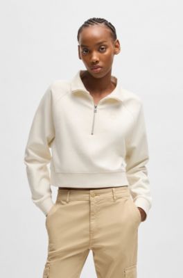 Cropped sweatshirt in cotton terry with embroidered logo, Natural