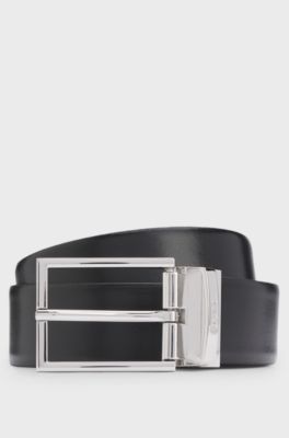 Reversible Italian leather belt with two textures, Black