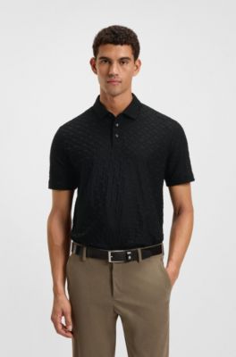 Cotton polo shirt with tonal monogram jacquard, Black