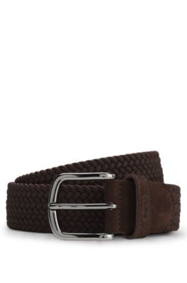 Woven belt with leather trims, Dark Brown