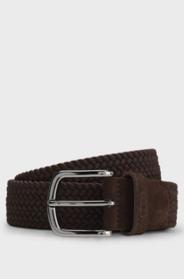 Woven belt with leather trims, Dark Brown