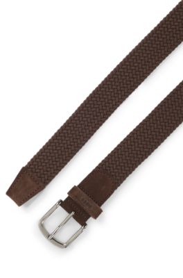 Woven belt with leather trims, Dark Brown