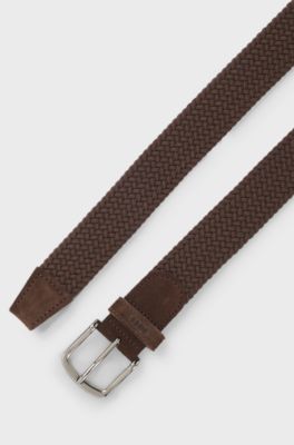 Woven belt with leather trims, Dark Brown